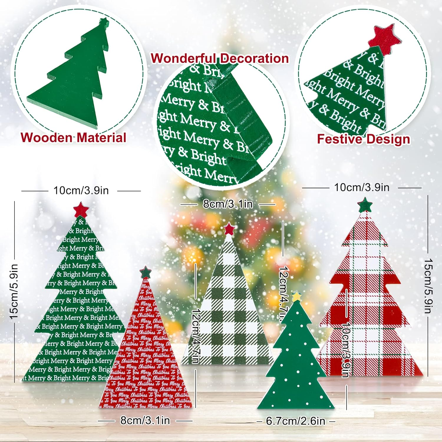 Whaline 5Pcs Wooden Christmas Tree Tabletop Decoration 3 Sizes Red Green Plaid Xmas Tree Table Centerpieces Rustic Sanding Christmas Tree Wood Sign for Home Office Fireplace Farmhouse image number 5