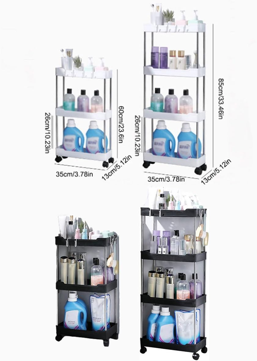 AIMALL Multi-Layer Bathroom Kitchen Storage Trolley Rack, Rolling Utility Organizer, Stainless Steel and Plastic, Easy to Assemble, White and Black image number 5