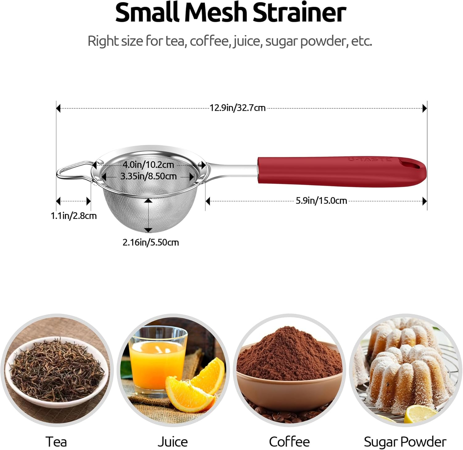 U-Taste 8.5Cm Small Mesh Strainer - 18/8 Stainless Steel Kitchen 30-Mesh Fine Food Sieve with Heavy Duty Riveted Silicone Handle, 5.5Cm Deep Handheld Metal Fruit Colander for Tea, Juice (Red) image number 5