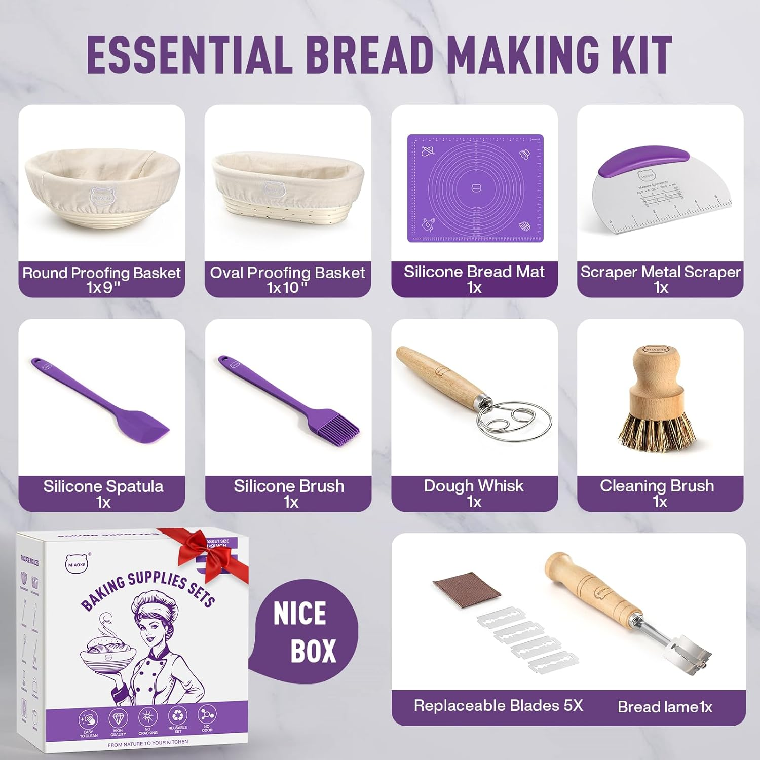 MIAOKE Sourdough Bread Baking Accessories Proofing Basket Kit - Dough Whisk, Bread Lame, Proofing Baskets 10 Inch round and 9 Oval, Dough Scraper, Cooking Brush, Basket Liner Complete Sourdough image number 4
