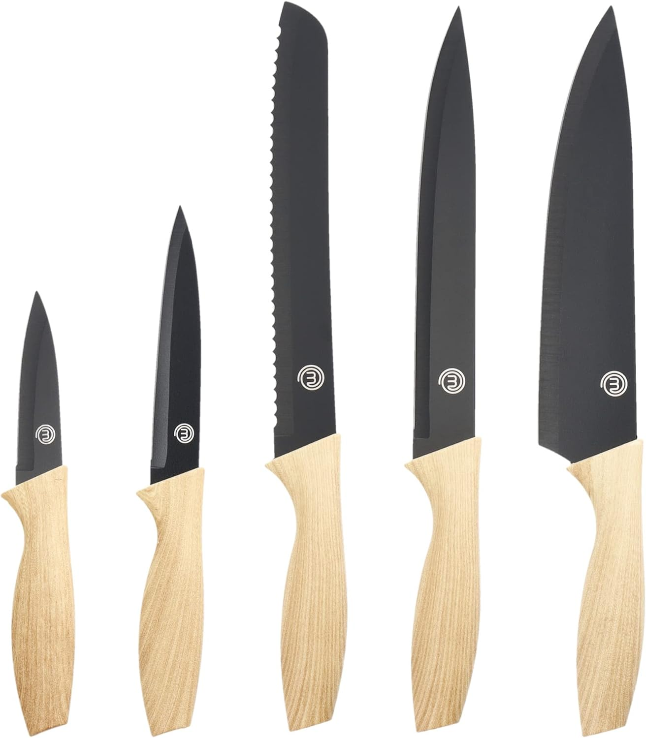 Masterchef Knife Set of 3 Kitchen Knives for Cooking (Chef, Paring & Utility), Professional Sharp Stainless Steel, Non Stick Blades & Soft Touch Handles, Easy Grip, Natural Collection, 3 Piece