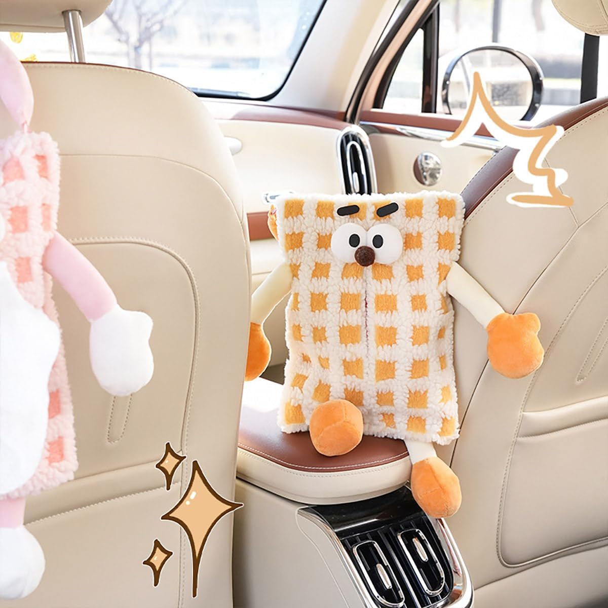 AIMALL Cute Monster Stripe Plaid Car Tissue Holder, Plush Backseat Hanging Dispenser, Car Accessories Storage Solution - Blue image number 4