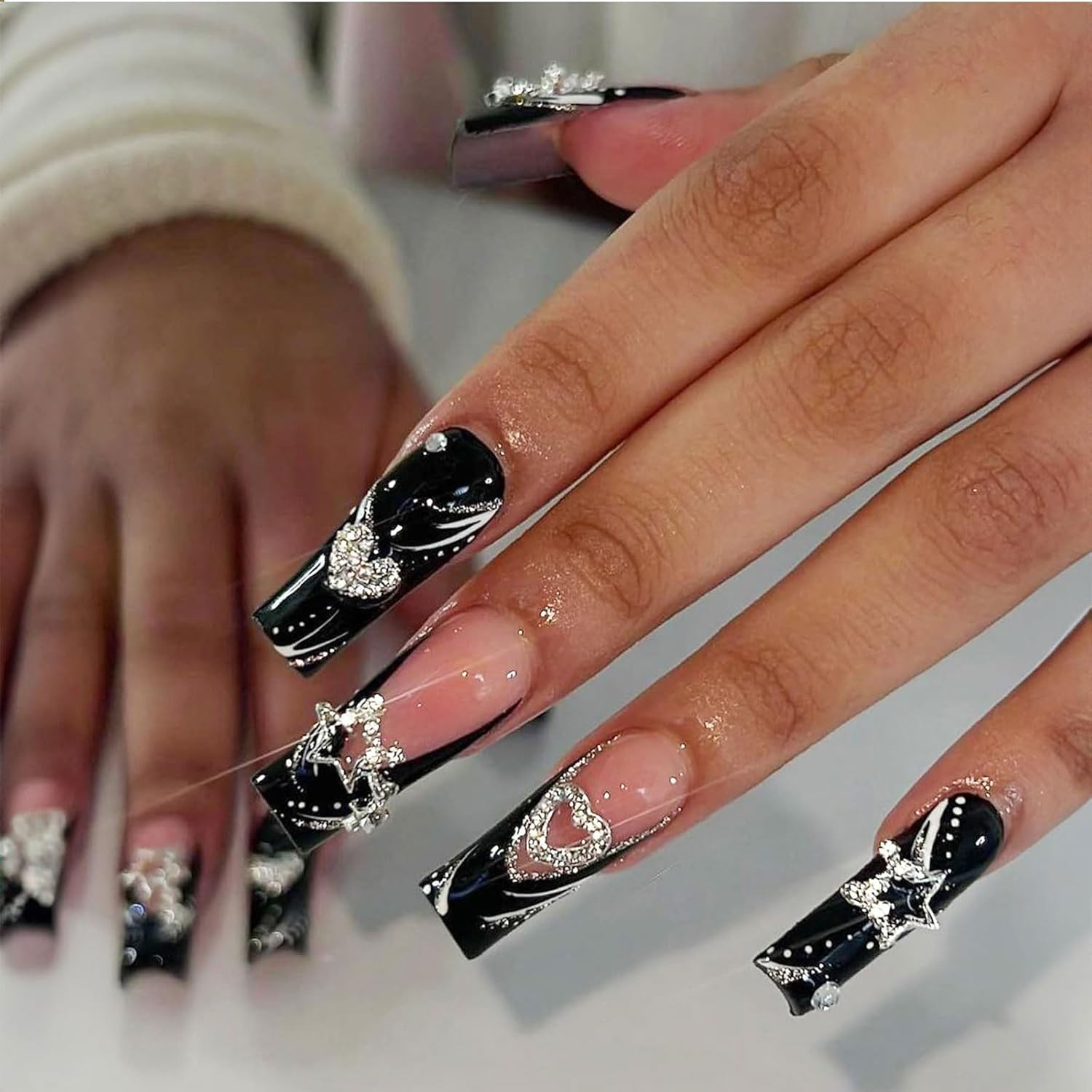 Goiern 24 Pieces Press on Nails Medium Length Rhinestone Pink False Nails Square Glitter Shiny 3D Flower False Nail Tips