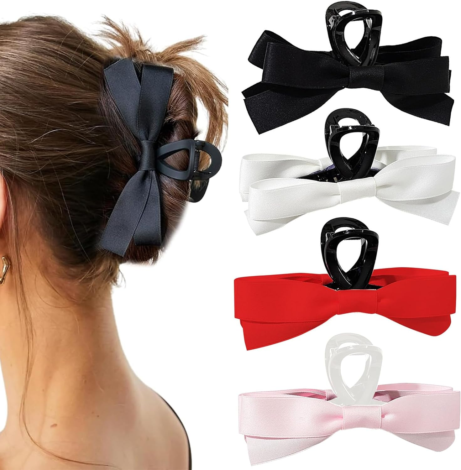 4 Pcs Bow Claw Clip for Women, Non Slip Big Bows Hair Clips Barrette for Thick Hair, Four Colors Meet Daily Clothing Matching, Suitable for All Kinds of Festivals image number 1