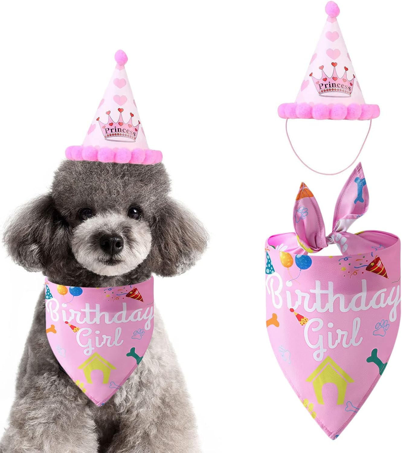 Dog Birthday Bandana and Hat Kit,Triangle Dogs Scarf with Birthday Boy/Girl Decorations,Puppy Birthday Cake Outfit Gift Pet Party Supplies Accessories (Pink)