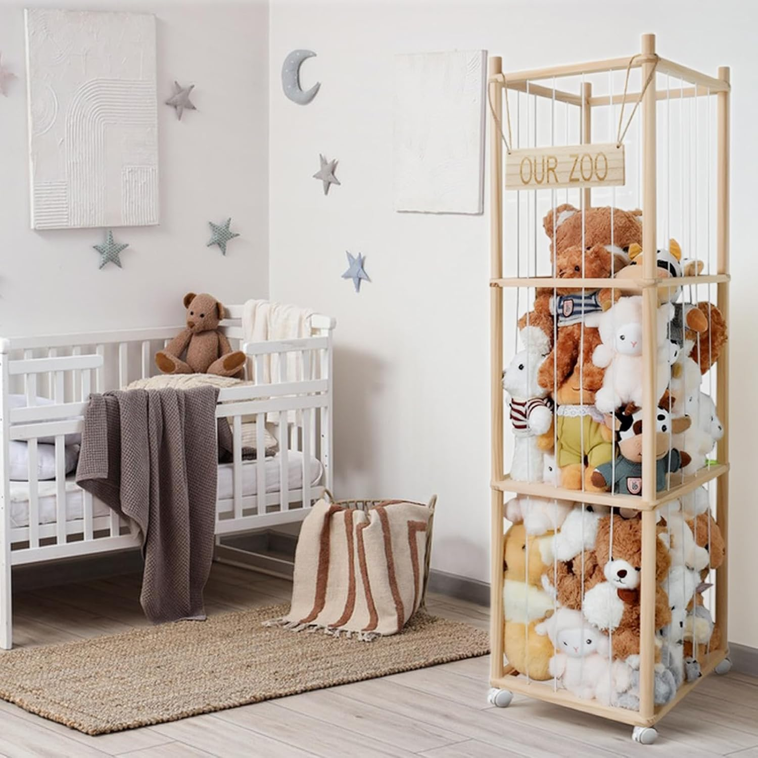 Wooden Plush Toy Storage Tower with Wheels, Stuffed Animal Storage Elastic Cord Cage for Plush Toys, Soft Toy Organiser for Kids' Room & Play Area image number 1