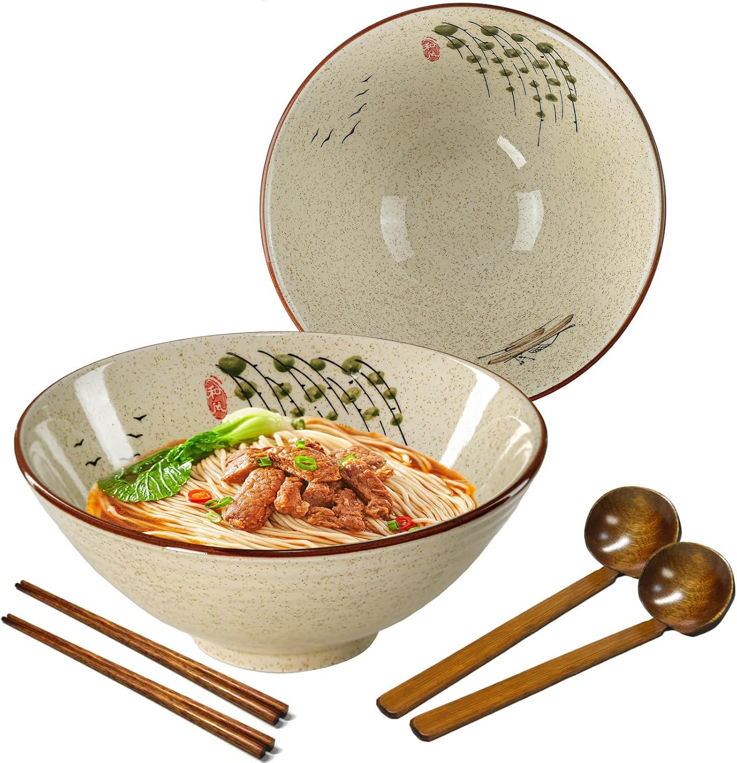 Ramen Ceramic Bowl Set, 2 X 1200 Ml Japanese Tableware with Chopsticks and Spoon, Premium Large Pasta Bowls, Soup Bowls, Salad Bowls for Pho Ramen