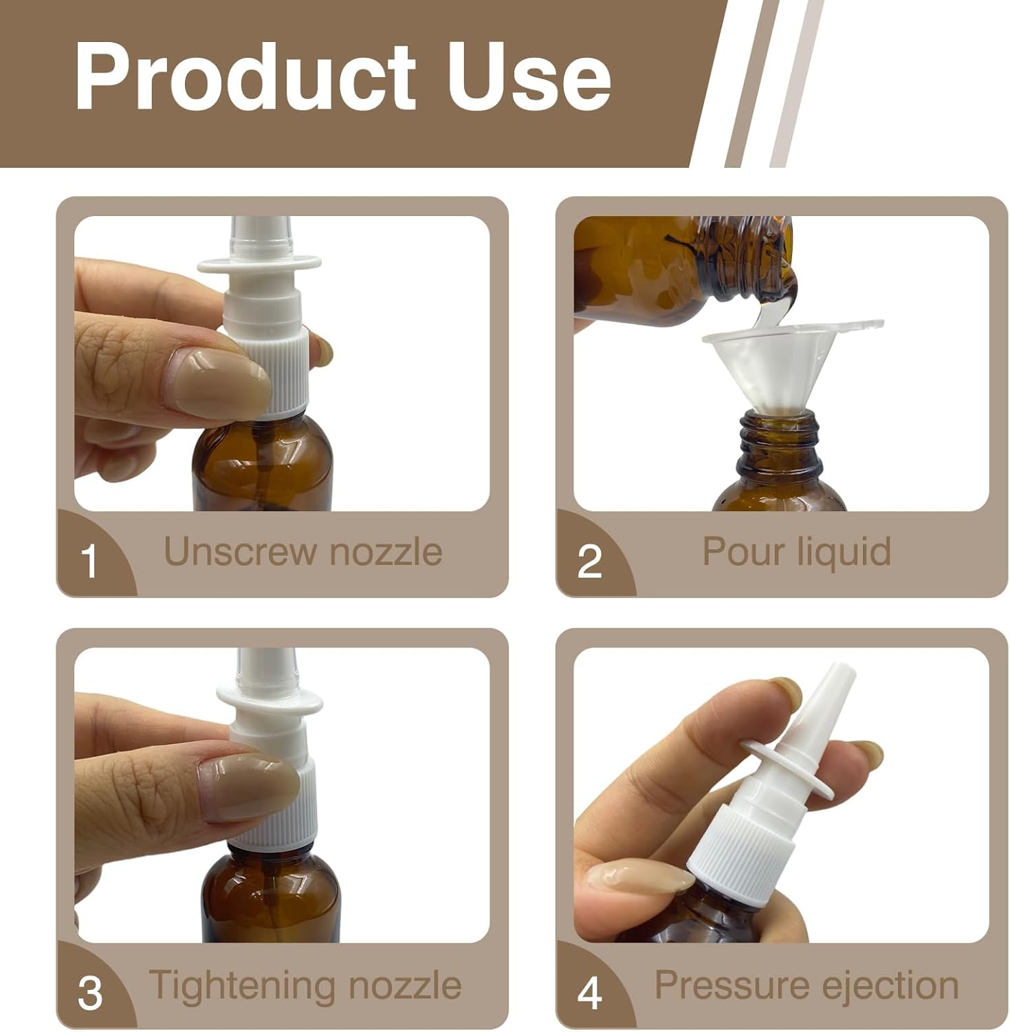Nasal Spray Bottle, 30 Ml Dropper Bottle with Pipette, 2 Funnels and Labels, Amber Colour, Refillable, Fine Spray Mist for Homemade Cleaning Products, Air Travel or Outdoor Sports image number 3