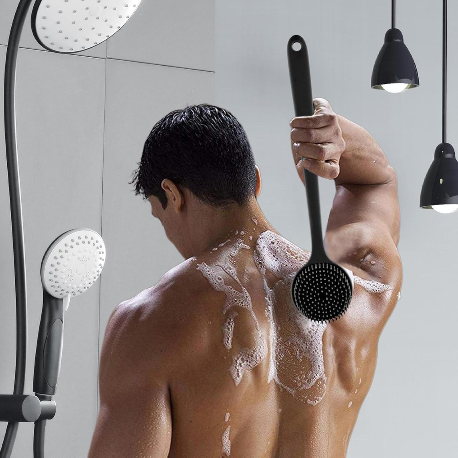 Long Handle Shower Brush, Silicone Back Scrubber with Non-Slip Grip, 2-Sided Exfoliation and Massage for Hard to Reach Areas image number 4