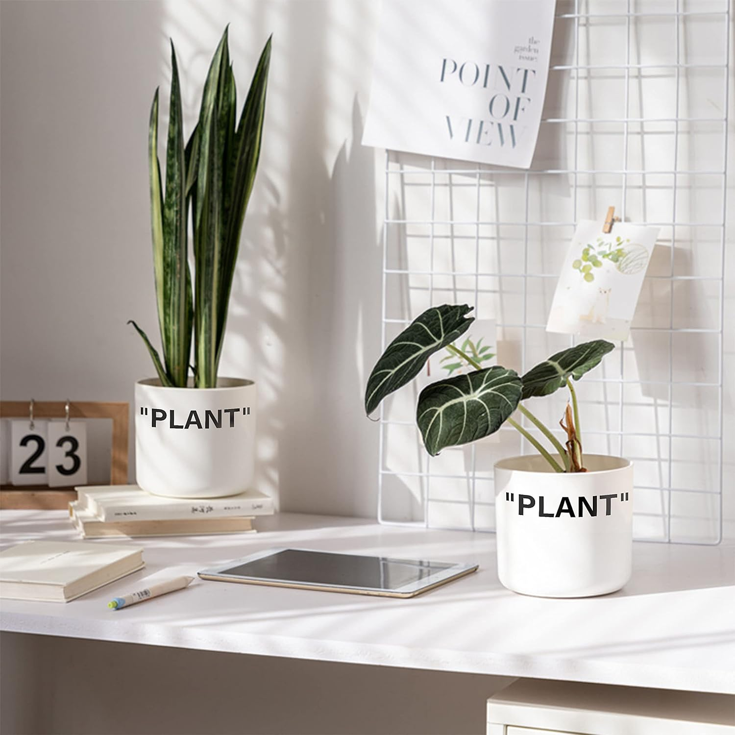 Twodays Off-White Inspired Sneaker Planter, Hypebeast Room Decor, Small 5 Inch Cylinder White Plastic Indoor Plant Pot with Built in Drainage Hole, Mini Flower Pot, Sneakerhead Gift. image number 1