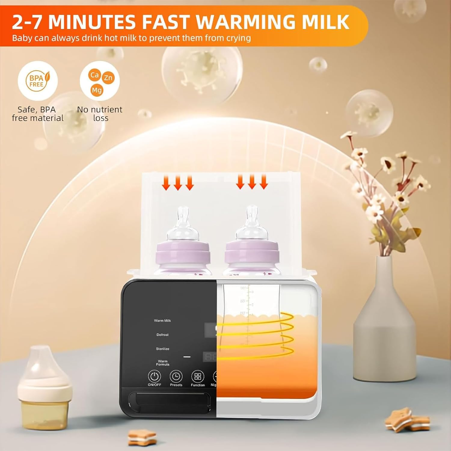 Baby Bottle Warmer, Baby Food Heater, for Breastmilk and Formula with Timer, Fits 2 Bottles, 24H Constant Warming, with Defrost, Heat Baby Food Jars, Sterili-Zing Function, Accurate Temp Control