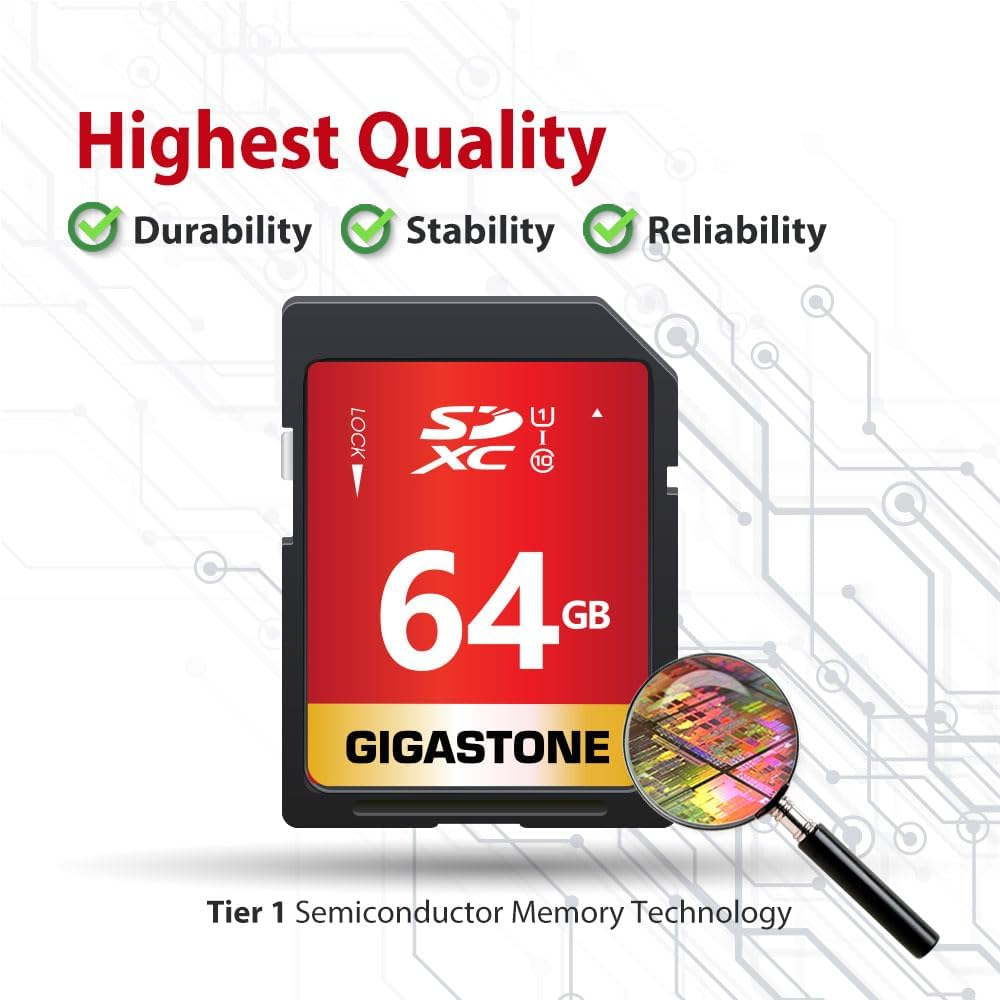 Gigastone 64GB Class 10 UHS-1 U1 Prime SD XC Memory Card up to 45Mb/S [Compatible with Canon EOS Rebel T5 T5I T6 T6I 80D 6D SL1 Nikon D3300 D5500 D5600 D7200 D750 Sony Pentax Kodak Olympus Panasonic]