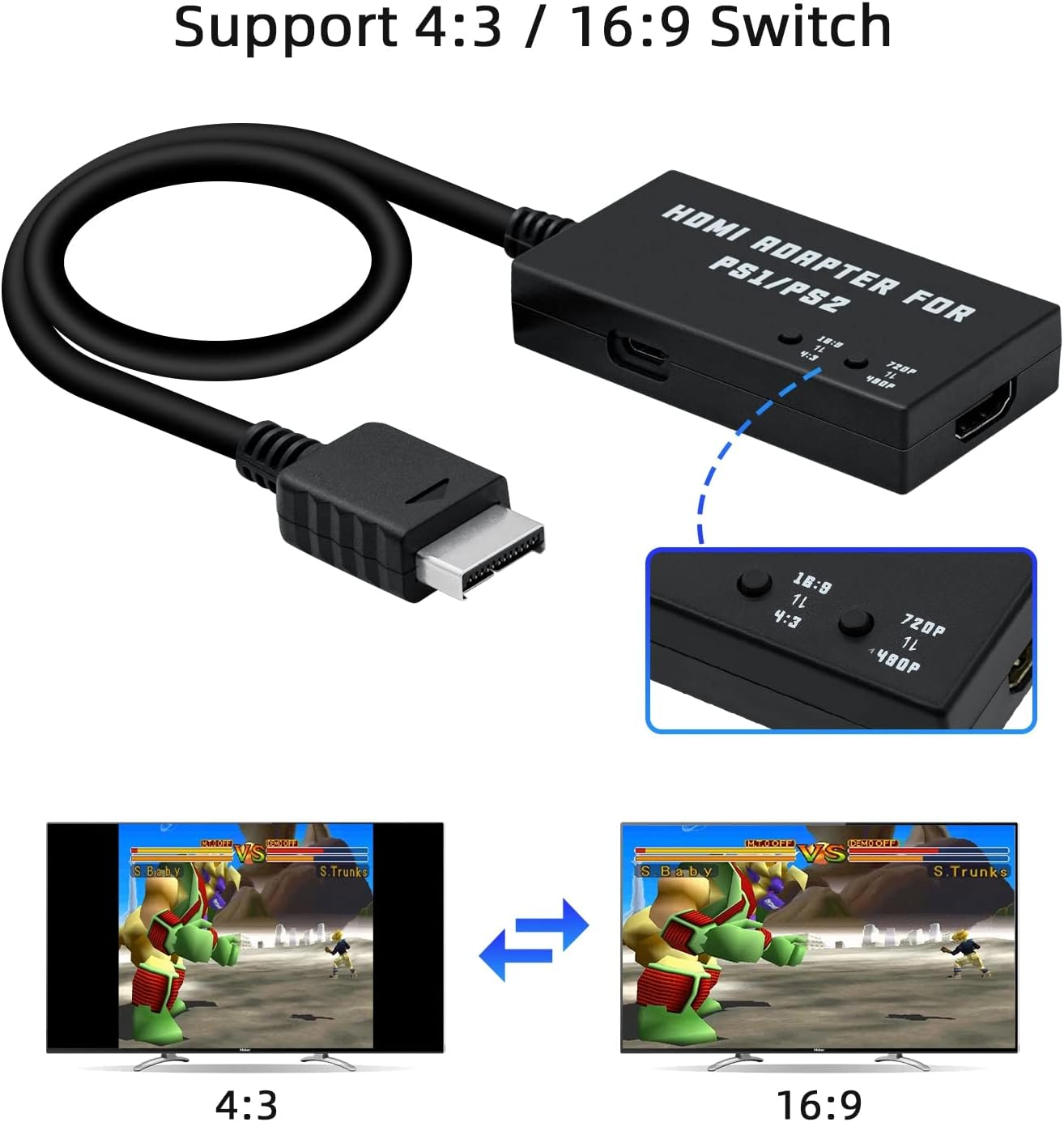 Mcbazel HDMI Adapter Converter for Ps1/Ps2-Supports 4:3/16:9 Aspect Ratio, Switchable 480P/720P Resolution image number 2