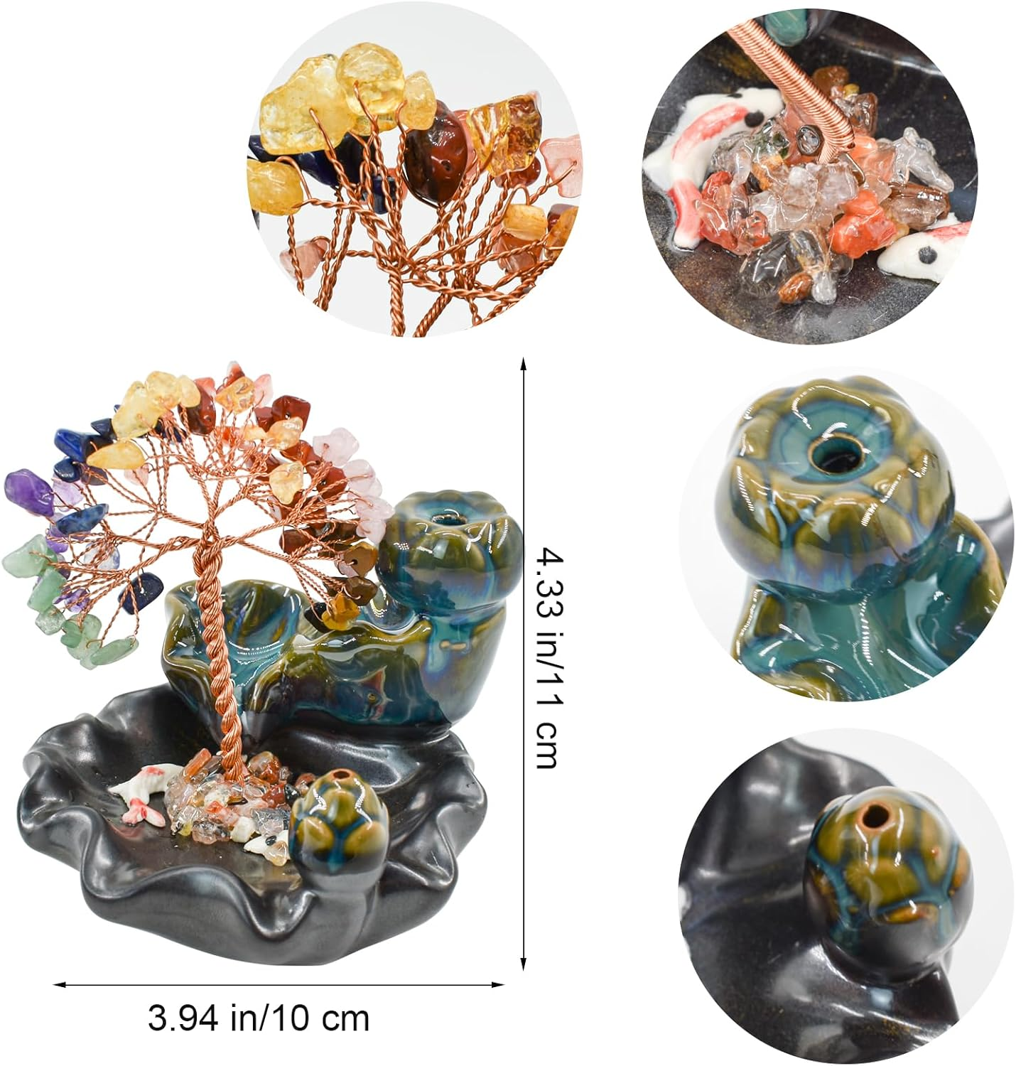 Mrmrkura Backflow Incense Burner, Ceramic Incense Waterfall Burner with 7 Chakras Healing Crystals Tree Fountain Incense Holders for Yoga Meditation Home Decor (Vertical)