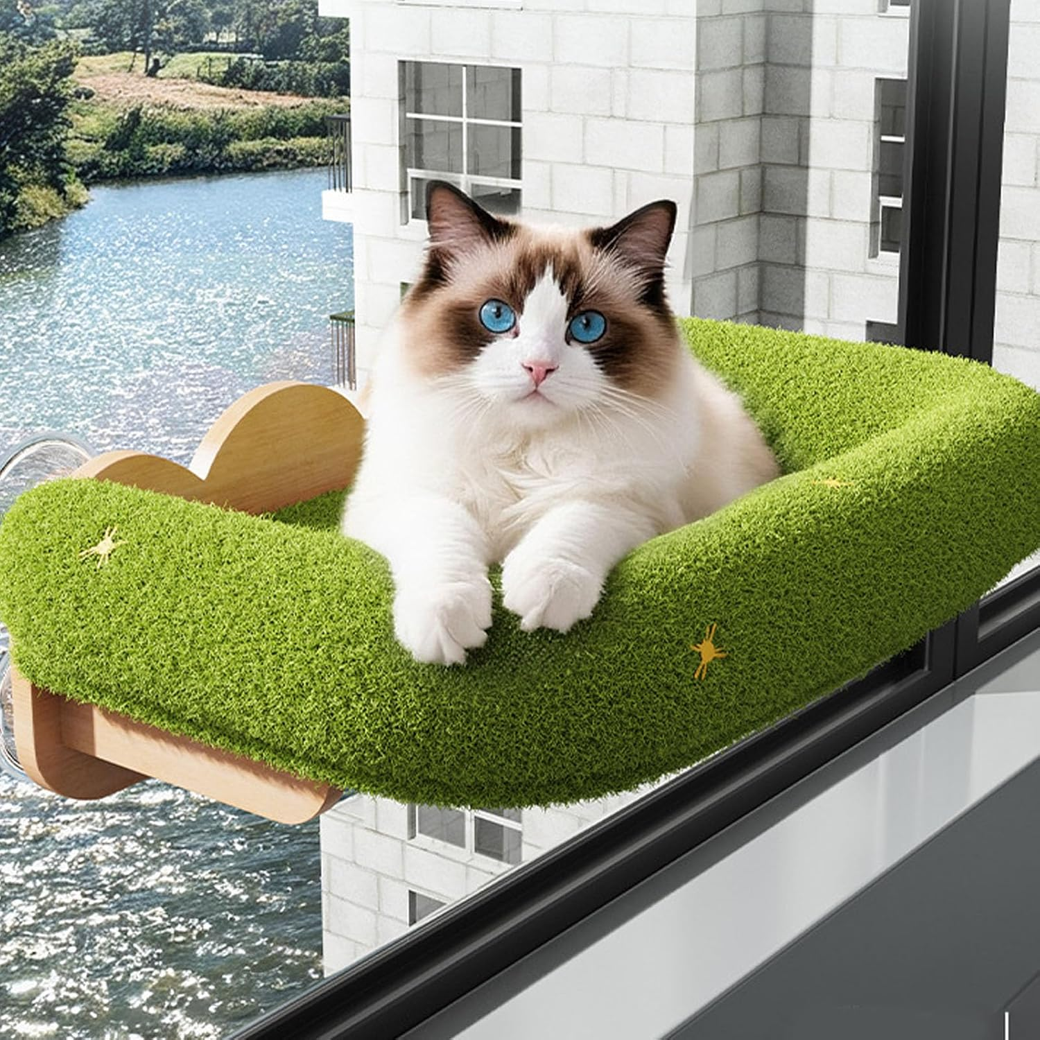 Yechiry Cordless Cat Window Perch, Cat Window Hammock,Sturdy Solid Wood Frame with Plush Climbing Pad Strong Suction Cup Design Elegant Aesthetic for Indoor Pet Home Decor image number 2