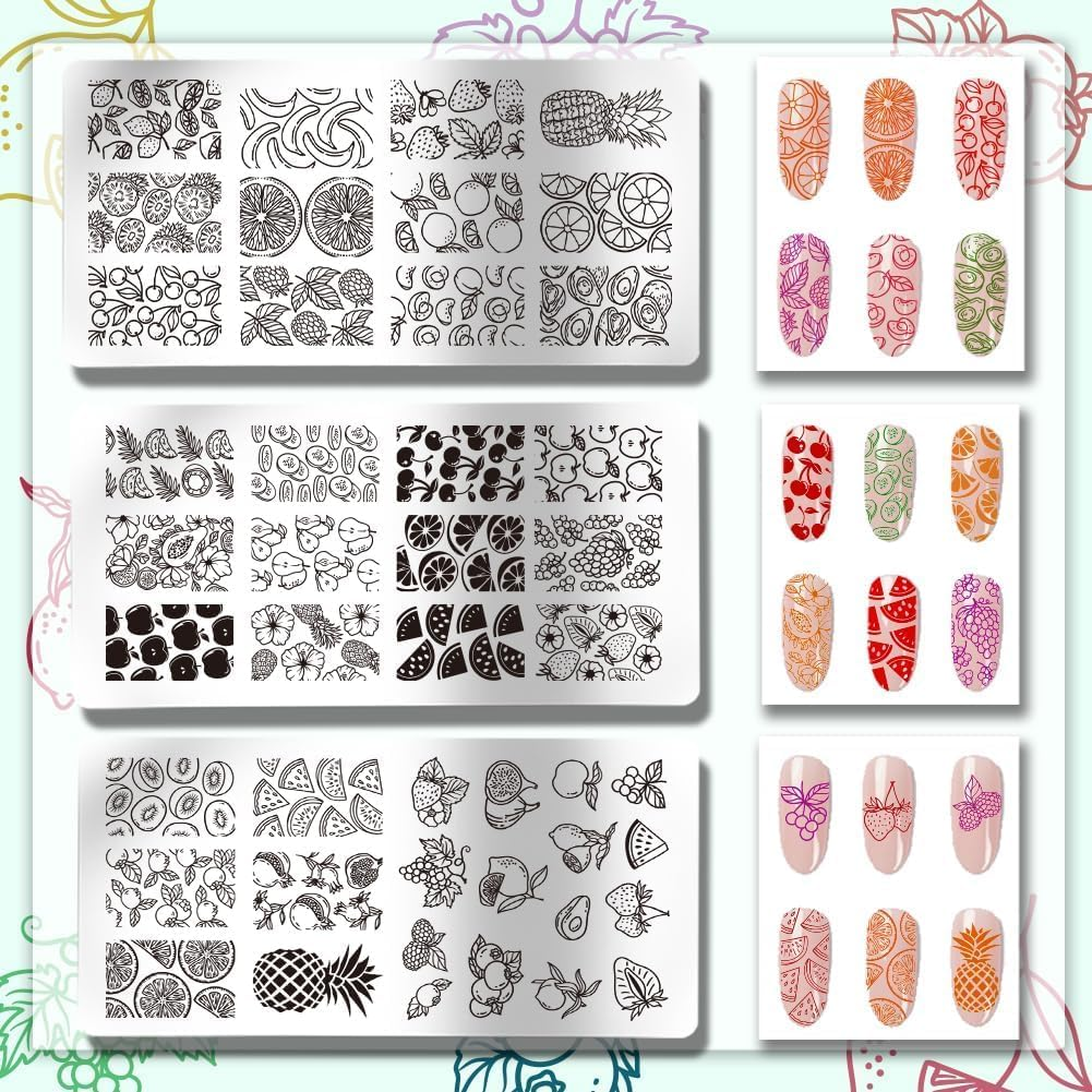 PH Pandahall 45 Patterns Fruits Nail Art Stamping Plate, 3 Pieces Nail Art Stencils Pinnapple Stawberry Nail Stamp Plate Stainless Steel Nail Picture Plate for DIY Printing Manicure Salon Nail Design image number 6