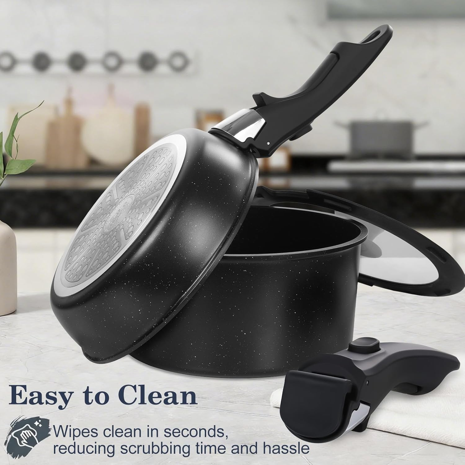 15 Piece Pots and Pans Set, Safe Nonstick Cookware Set Detachable Handle, Induction Kitchen Cookware with Removable Handle, RV Cookware Set, Dishwasher & Oven Safe