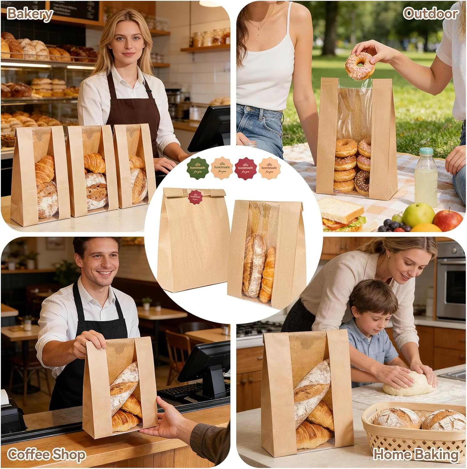 60 Pcs Paper Bread Loaf Bag Kraft Food Packaging Storage Bakery Toast Bag with Front Window, Label Seal Sticker Included (Style-1) image number 1