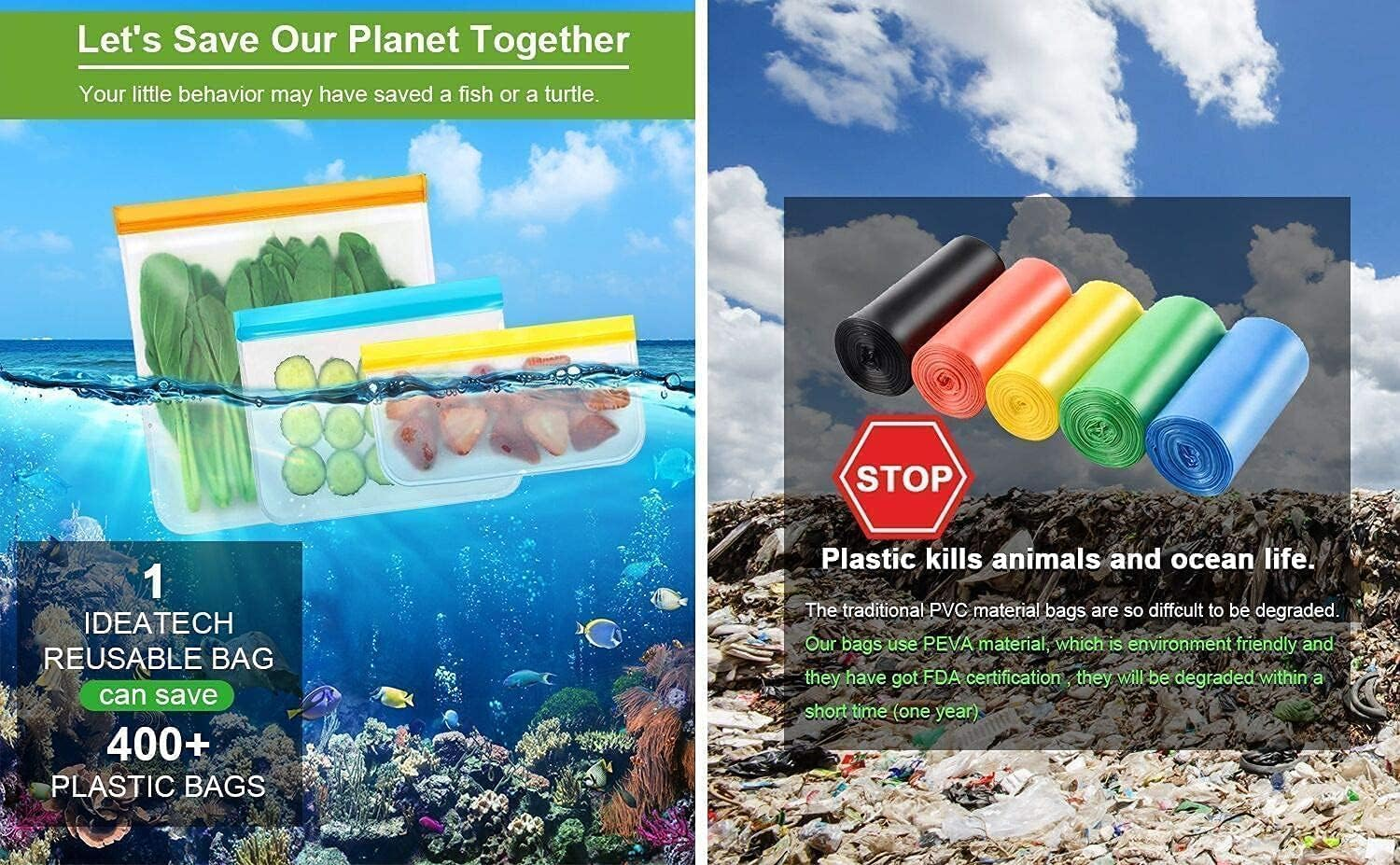 10 Pack Reusable PEVA Storage Silicone Lunch Bags, Reusable Freezer Containers &ndash; Bpa-Free, Gallon, Sandwich & Snack Pack (10 Pack: 10 Large Bags) image number 5