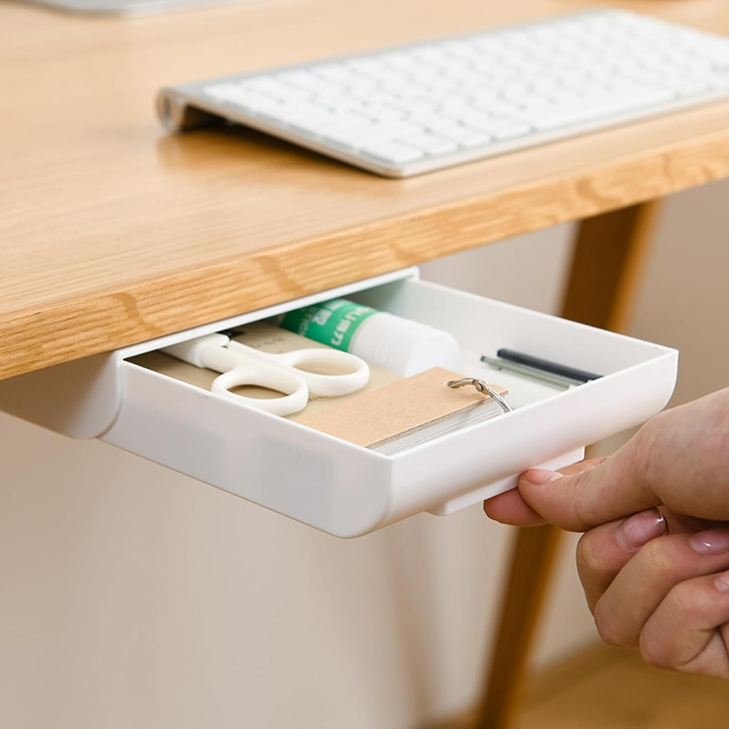 2Pcs under Desk Storage Drawers, under Desk Drawer Slide Out, Self- Adhesive Hidden Plastic Desk Organizers and Storage Trays for Office School Home (White, S+L) image number 4