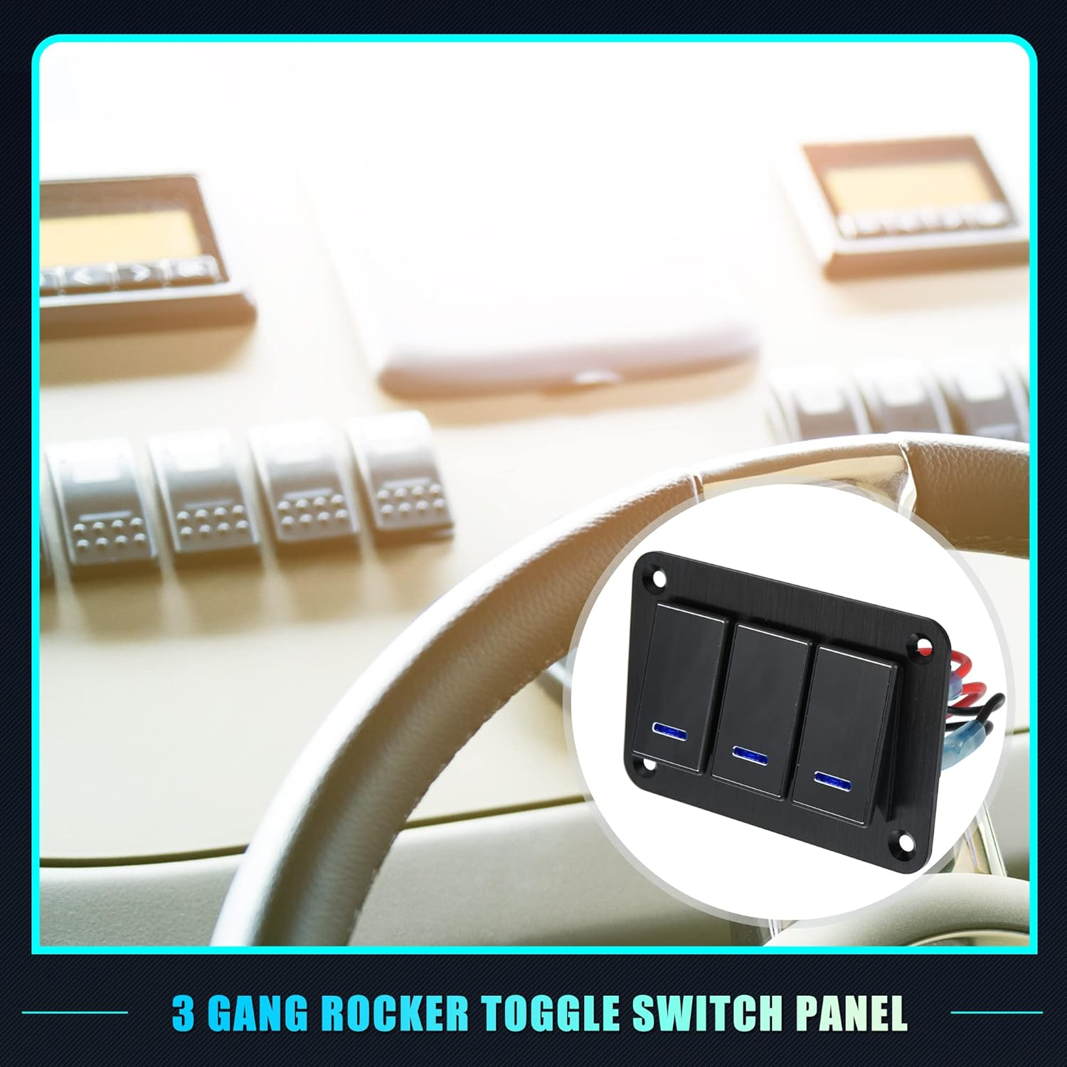 X AUTOHAUX 3 Gang Rocker Switch Panel 3 Pin on off Pre-Wired Toggle Switch Control Waterproof Aluminum Alloy Blue LED Light Push Button for 12V 24V Black - Gold Tone image number 2