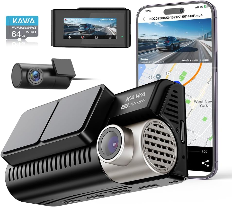 KAWA 4K Dash Cam Front and Rear, AI-ISP Ture Color Night Vision, 3.16" IPS Screen, GPS, G-Sensor, AI Parking Motion Detection, WDR, UHD 4K+1080P Car Camera Dashcams with 64G Micro SD Card, D11 image number 6
