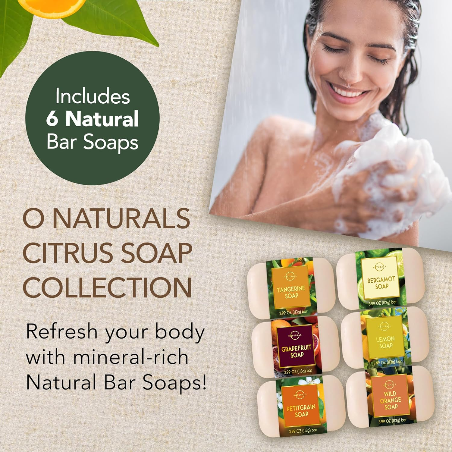O NATURALS 100% Natural Bar Soap - Gift Set - Organic Ingredients & Essential Oils - Spa Gifts for Women & Men, Body Wash & Face Soap - 6PC Citrus Soap Collection image number 6