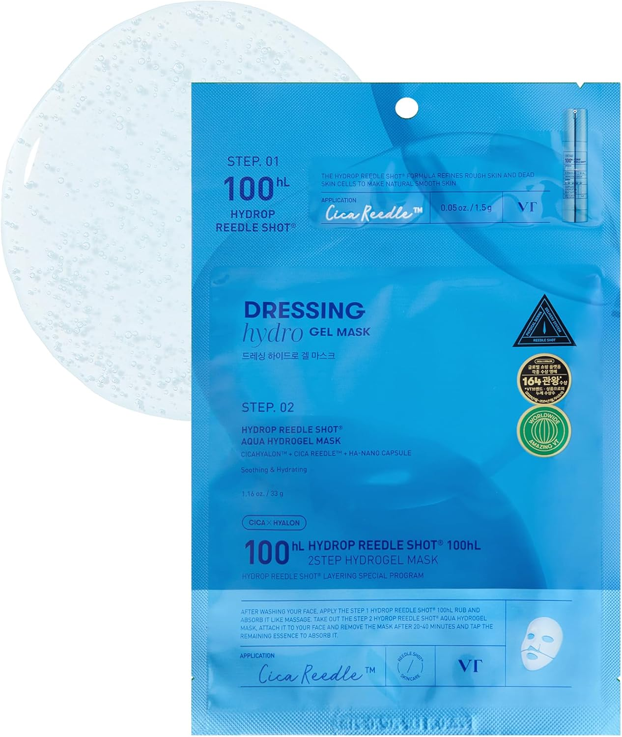 VT COSMETICS Hydrop Reedle Shot 100Hl 2-Step Hydrogel Mask, Intensive Hydrating, Exosome Hyaluronic Acid Face Mask, Dewy & Glass Skin, Overnight Melting Mask, Korean Facial Mask, 34.5G