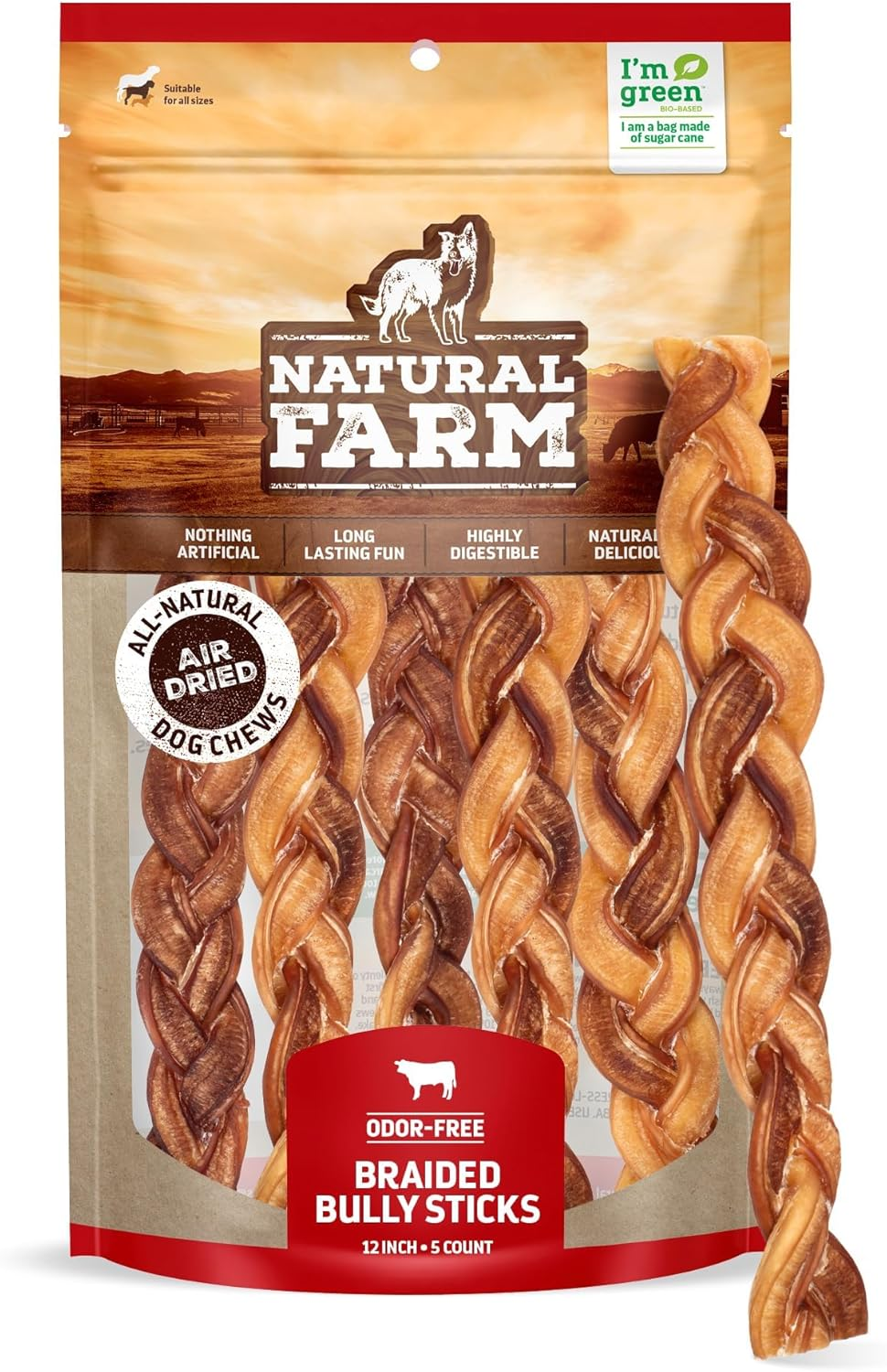 Natural Farm Odor-Free Braided Bully Sticks (12 Inch, 5 Pack) - 100% Grass-Fed Beef, Grain-Free, Low Fat & Fully Digestible Best Dental Treats - Safest Long Lasting Pizzle Chews to Keep Your Dog Busy image number 1