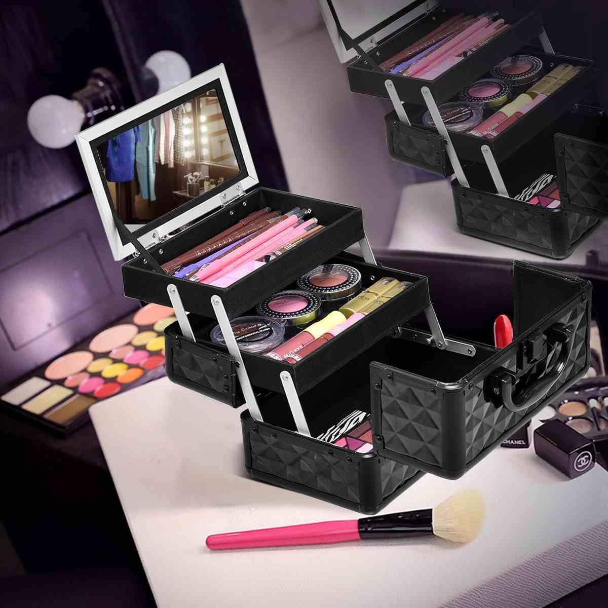 Cosmetic Beauty Case, Portable Lockable Makeup Jewelry Organizer, Travel Makeup Storage Box W/Mirror, Diamond Rose Gold, for Home Travel Gift (Black) image number 5