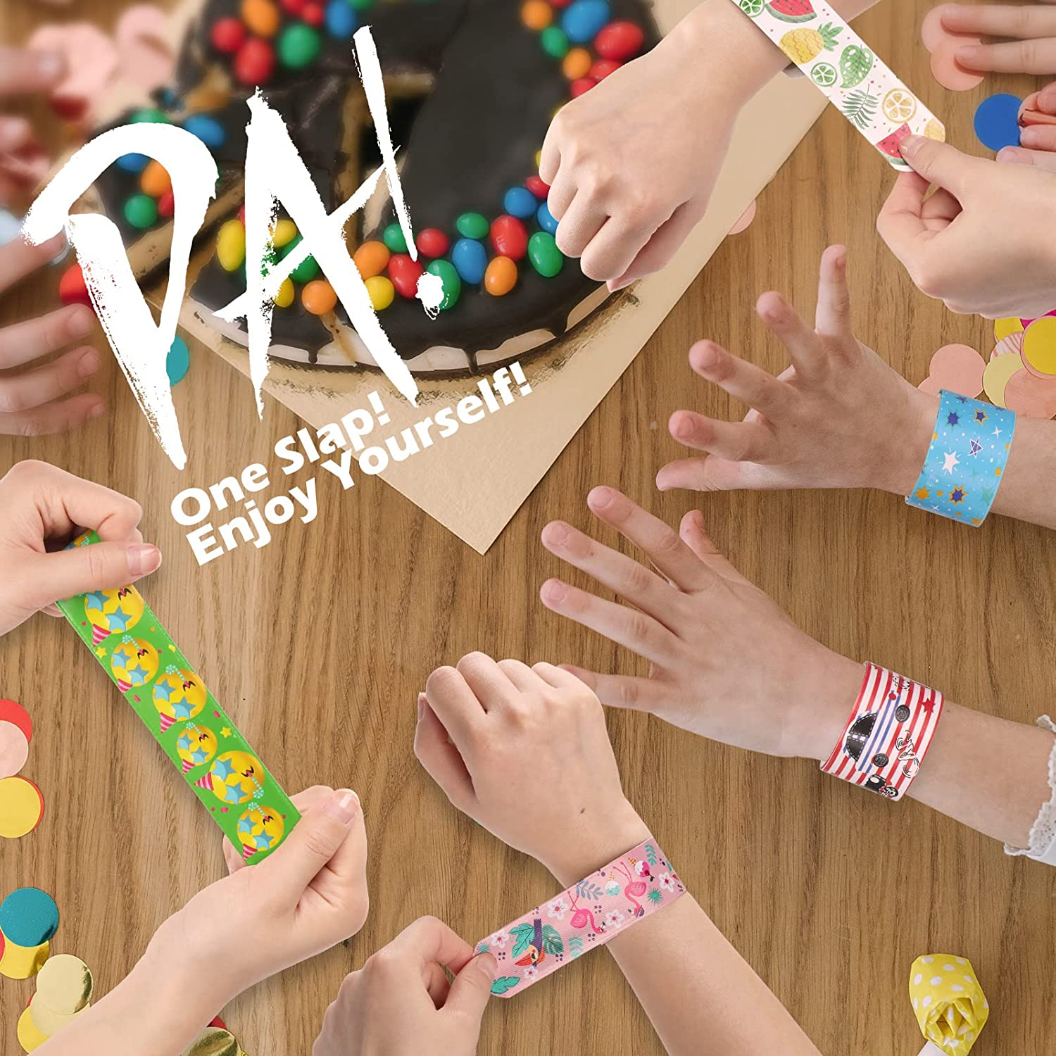 40 Pcs Slap Bracelets,Joogee Slap Wrist Bands with Designs Pattern Colorful Hearts Animal Slap Wrist Bands for Party Favors Bracelets Party Wrist Strap for Adult Teens Kids - 8.66" Assorted Colors image number 4