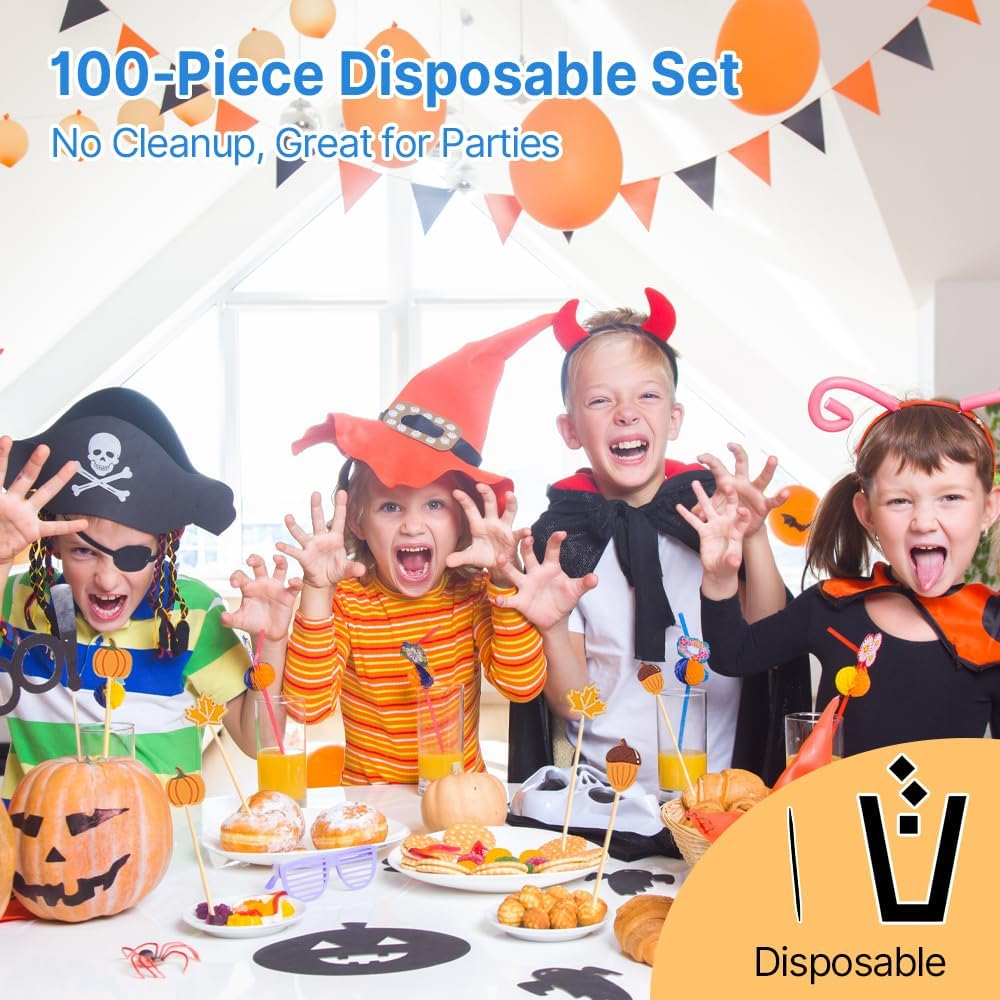 100 Pcs Fall Cocktail Picks - Pumpkin, Maple Leaf & Hazelnut Bamboo Toothpicks for Appetizers, Drinks, Charcuterie, Halloween & Thanksgiving Party Food Decorations image number 3