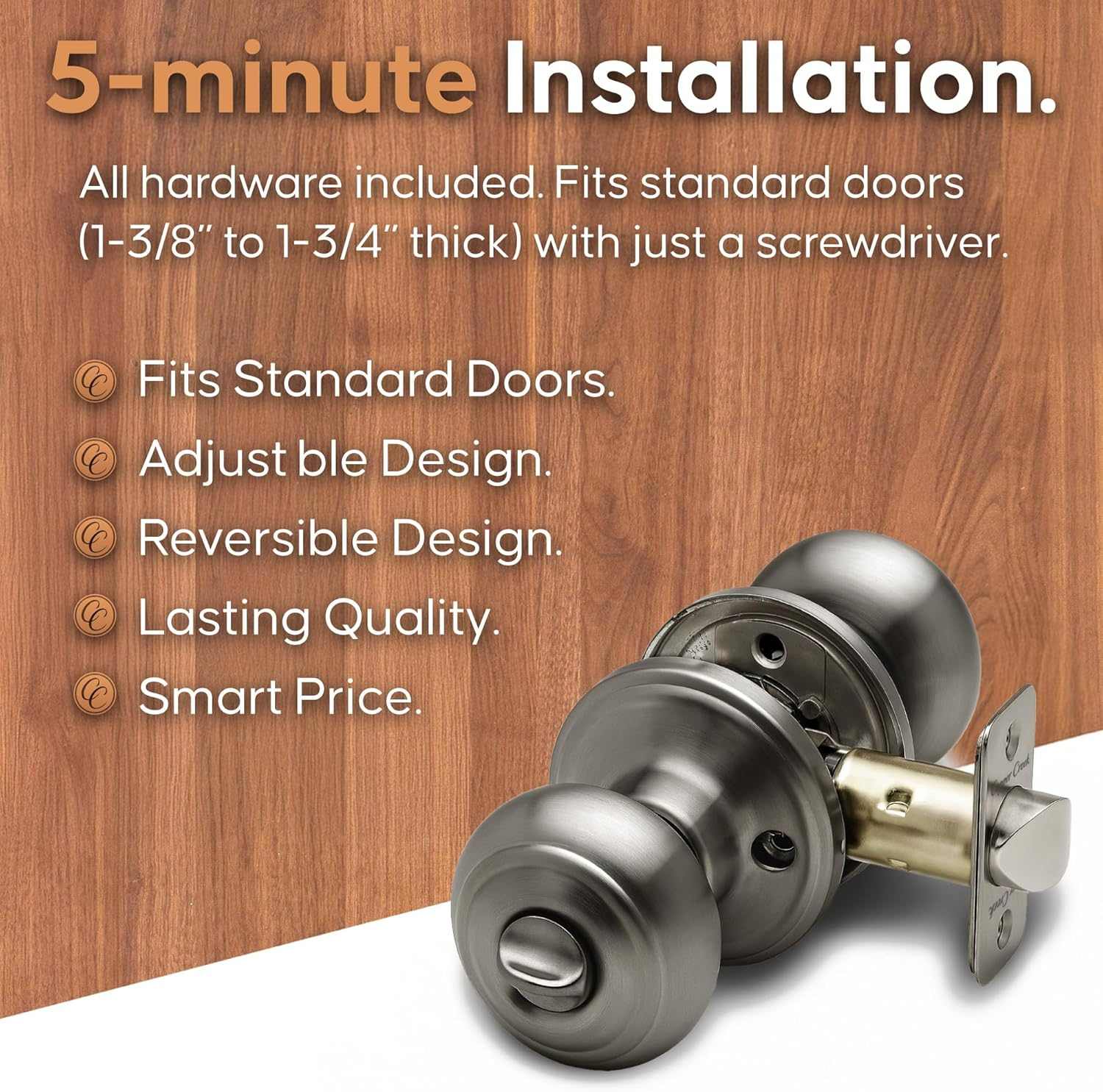 Copper Creek Antique Nickel Door Knobs - round Colonial Knob with Privacy Locking Function for Home Improvement, 1 Pack - Fits All Standard Doors - Locking Door Knob for Bedroom and Bathroom Use - Polished Brass image number 6