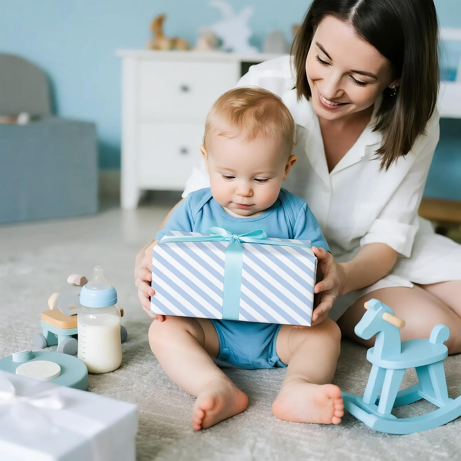 WRAPAHOLIC Reversible Wrapping Paper - Mini Roll - 17 Inch X 33 Feet - Baby Blue and Stripes Design for Birthday, Holiday, Wedding, Baby Shower - Green image number 7