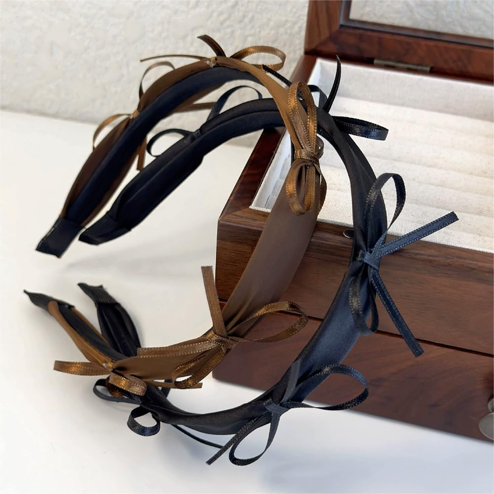 Cute Bow Headband Women'S French Bows Headband Black Brown Ribbon Bow Headband Hair Band Women'S Plastic Satin Bow Knot Hair Band Kawaii Bows Hair Accessories Women image number 5