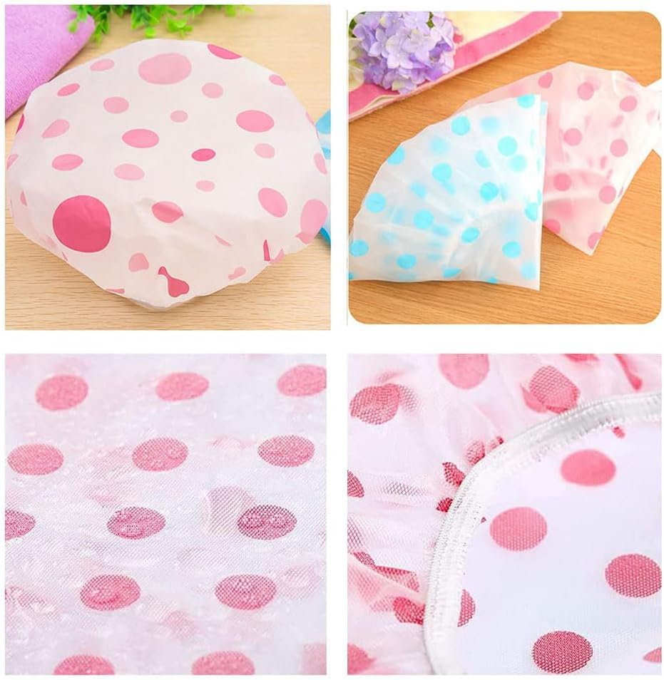 6PCS Waterproof Shower Caps for Women and Men, Reusable Adjustable Hair Bath Caps for Spa, Baby Care, Face Washing, Kitchen, Polka Dot Design