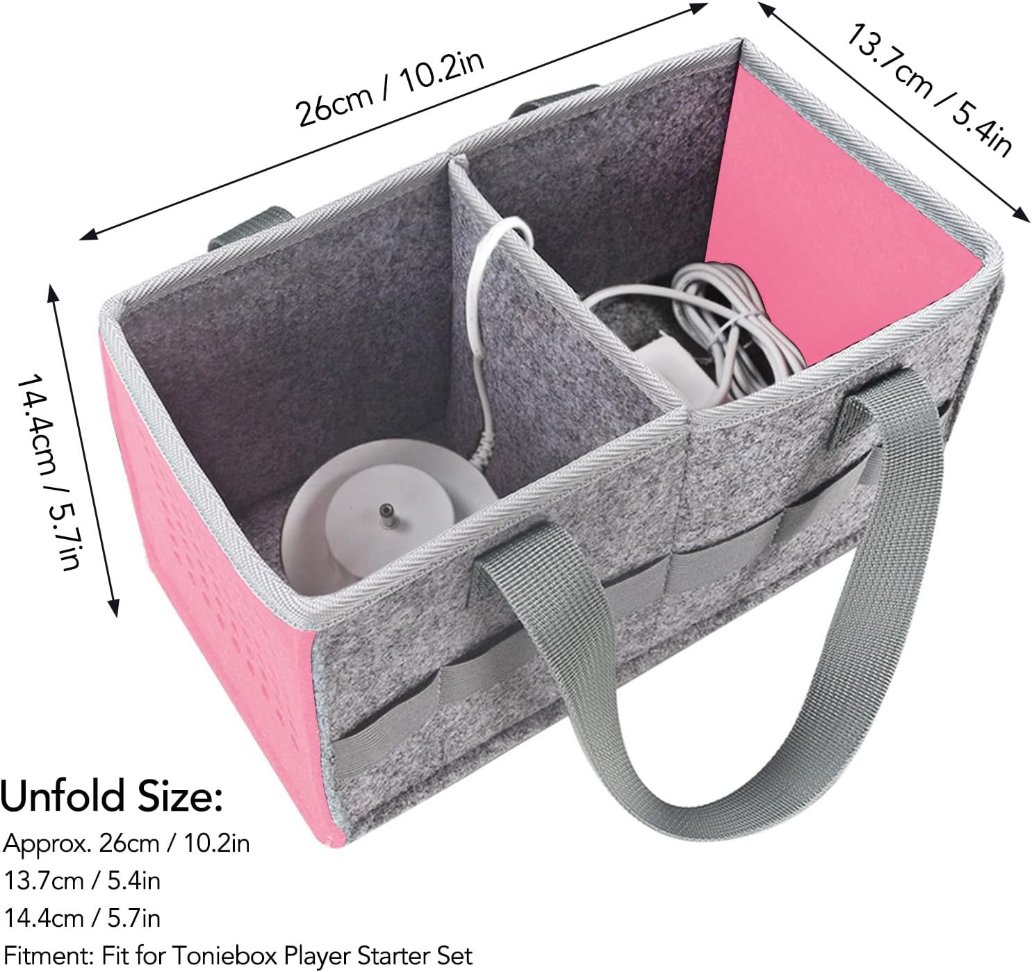Ejoyous Felt Carrying Case for Toniebox Starter Set with Middle Divider & 6 Elastic Straps Foldable Portable Thick Scratch-Resistant with Handle for Speaker/Headphone Accessories (Pink) - Pink image number 2