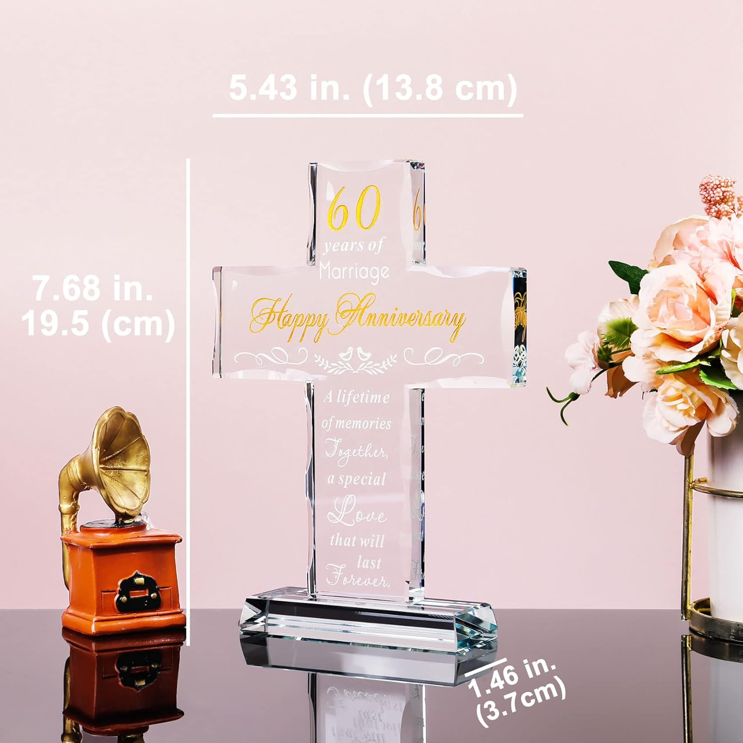 YWHL 60Th Anniversary Cross Gifts for Couple Parents, 60 Years Wedding Anniversary Keepsake for Him Her, Laser Carved 60 Years of Marriage Glass Cross Decoration image number 3