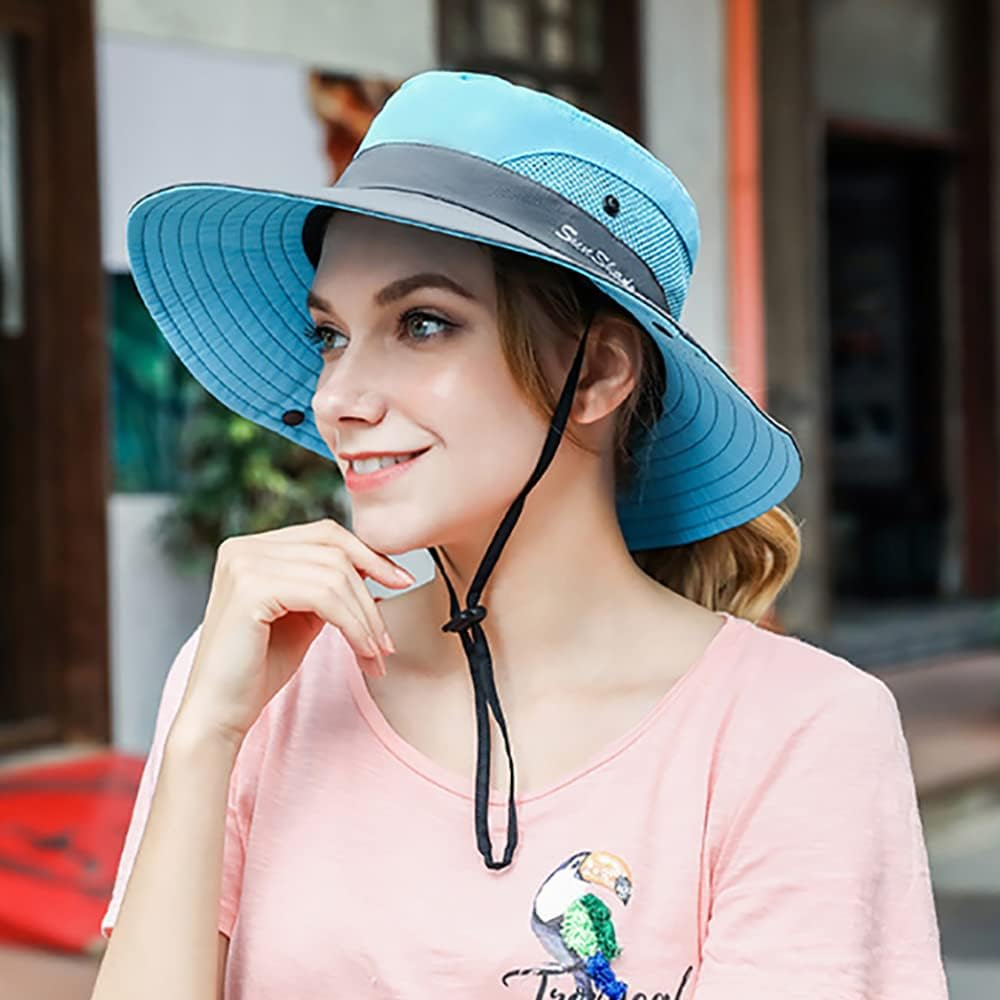 Peicees Women Ponytail Sun Hat, UPF 50+ UV Protection Summer Cap Adjustable Bucket Hat Wide Brim Adventure Cowboy Hat Waterproof Foldable Bonnie Hat, Hiking Beach Fishing Safari Hat for Women - X_Light Pink/Watermelon Red image number 5