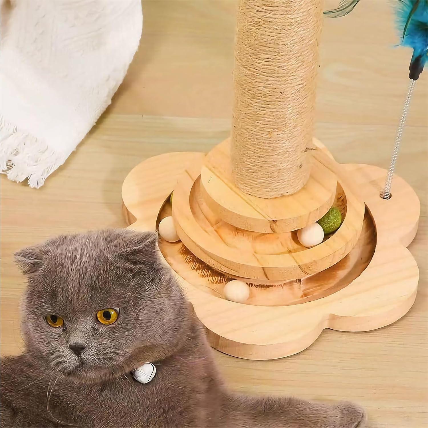 Cat Scratching Post 50 CM with Dangling Ball and Cat Teaser, Cat Scratcher Kitten Toys for Indoor Cats Wooden Ball Track, Scratch Post Interactive Toy image number 5