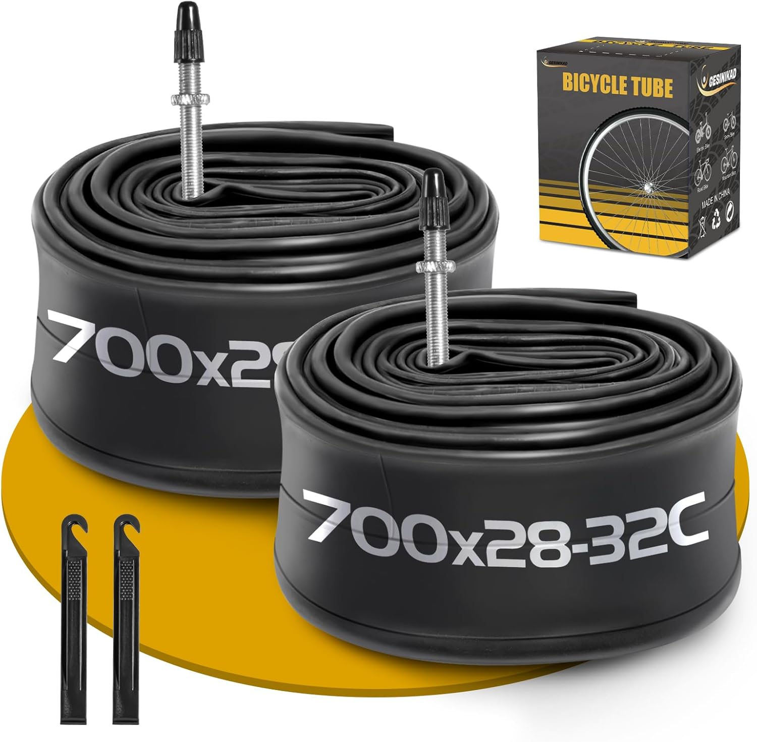 2 Pack 700 X 28-32C Road Bike Tubes Fv60Mm Presta Valve, Butyl Rubber Bicycle Inner Tube with 2 Tire Levers for Mountain MTB Bike image number 3