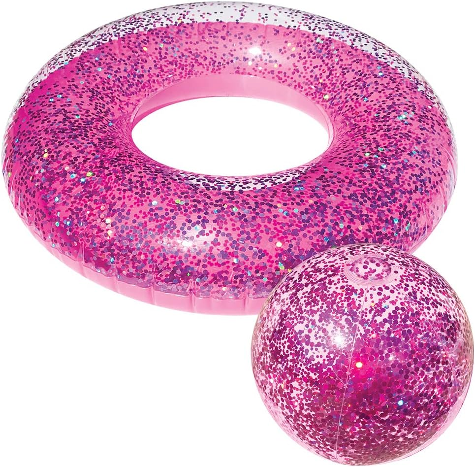 2Pc Land & Sea Bling Inflatable Swimming Pool Ring/Ball Set Water Float Pink image number 2