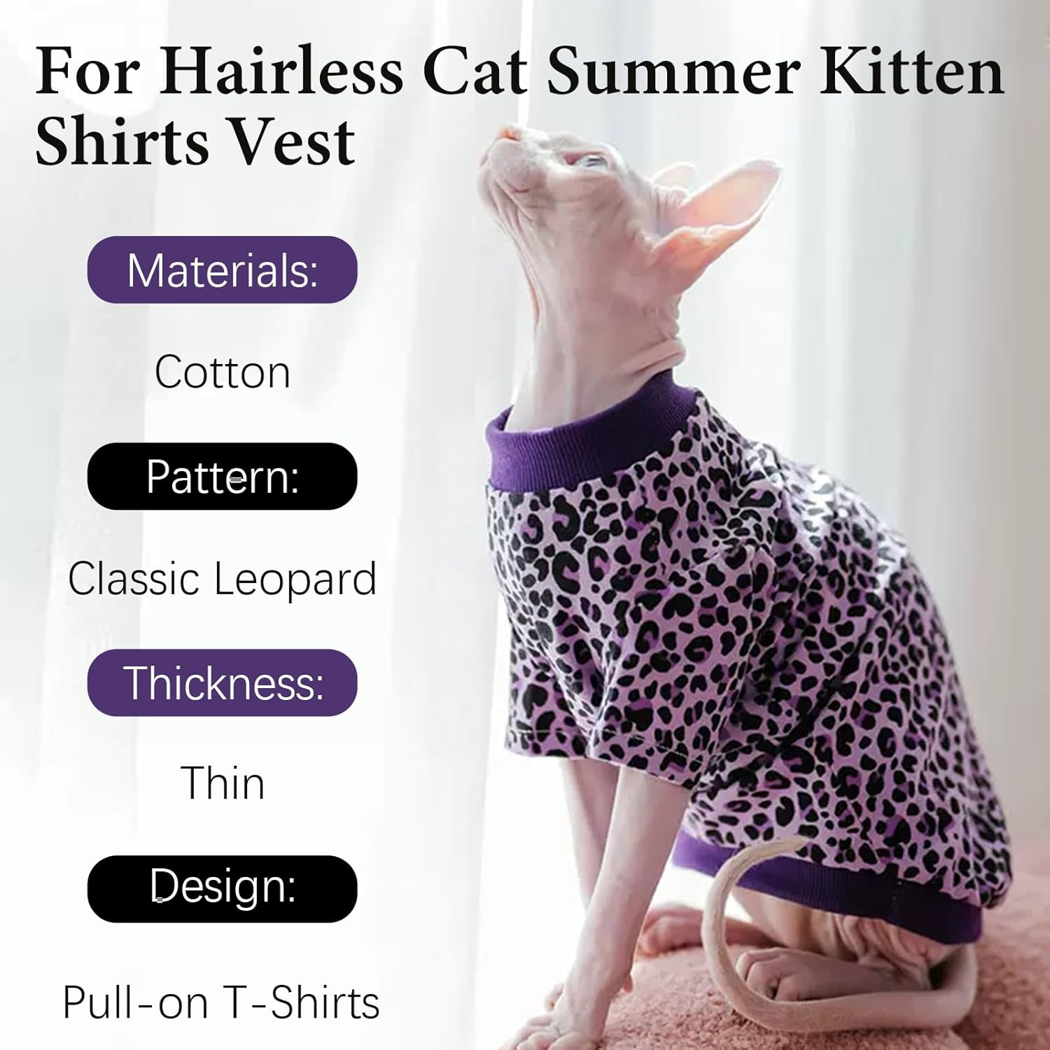 BRKURLEG Sphynx Hairless Cats Shirt Puppy Clothes Soft Cotton T-Shirts Cat Vest Pet Clothes, round Collar Vest Kitten Shirts, Cute Cats Pajamas(Purple, S) image number 5