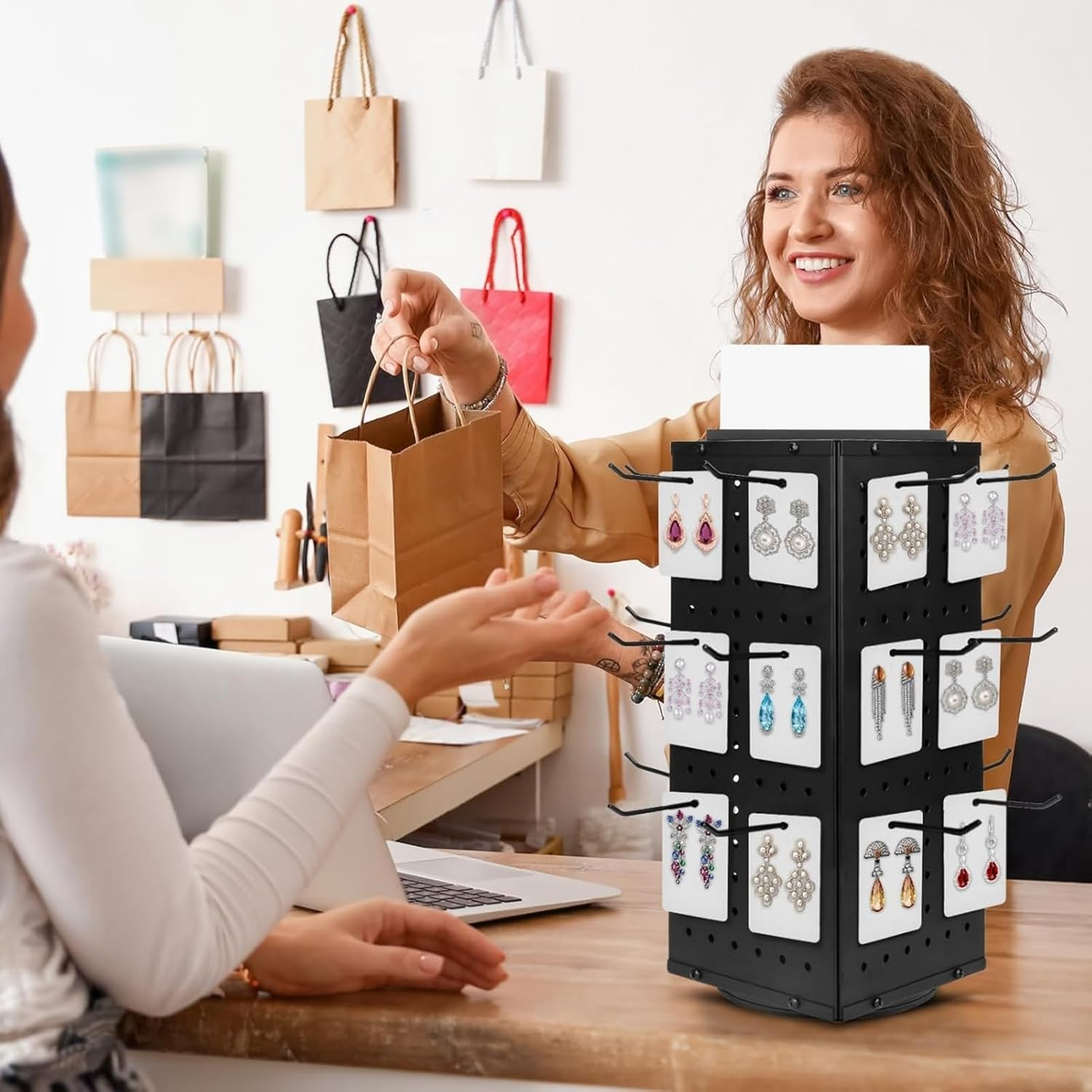 Ssumght Peg Board Display Stand with 12 Hooks,White Metal Jewelry Retail Pegboard Racks for Craft Shows, Fairs and Selling Earrings,Sturdy Rack Stands for Retail Stores, Vendors (Black Rotating)