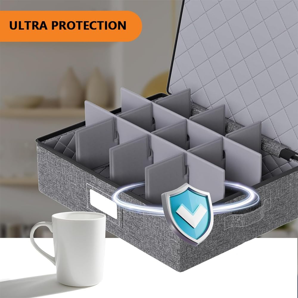 Stackable China Cup Storage Chest for 12 Mugs &ndash; Hard Shell Storage Case with Felt Dividers, Lid, Handles and Label Window &ndash; Ideal for Mugs, Coffee Cups, Tea Cups, and Glasses image number 2