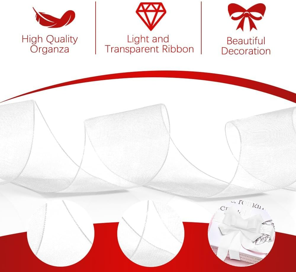 White Ribbon 1 1/2 Inch Chiffon Ribbon Organza Ribbon Sheer Organza Ribbon 50 Yards Tulle White Ribbon for Gift Wrapping Halloween Christmas Ribbons for Crafts Wedding Ribbon for Flower Bouquet Hair image number 1