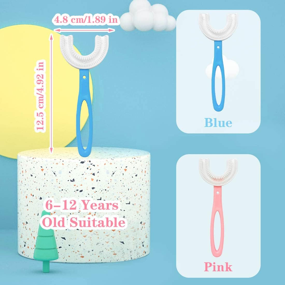 4 Packs Kids U Shaped Toothbrush Whole Mouth with Silicone Bristles Massage Childrens Tooth Brush, 360&deg; All-Round Oral Cleaning, U-Shaped Training Toothbrushes for Kids (6-12 Years Old)