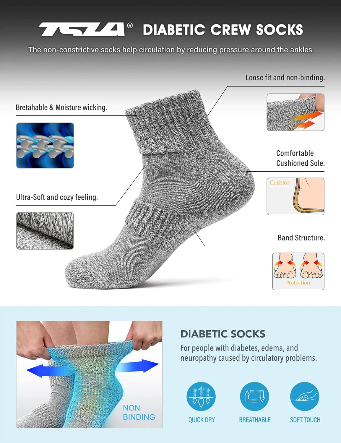 TSLA 3-Pack Diabetic Socks - Non-Binding, Breathable Cotton Blend, Cushioned Soles, Unisex image number 4