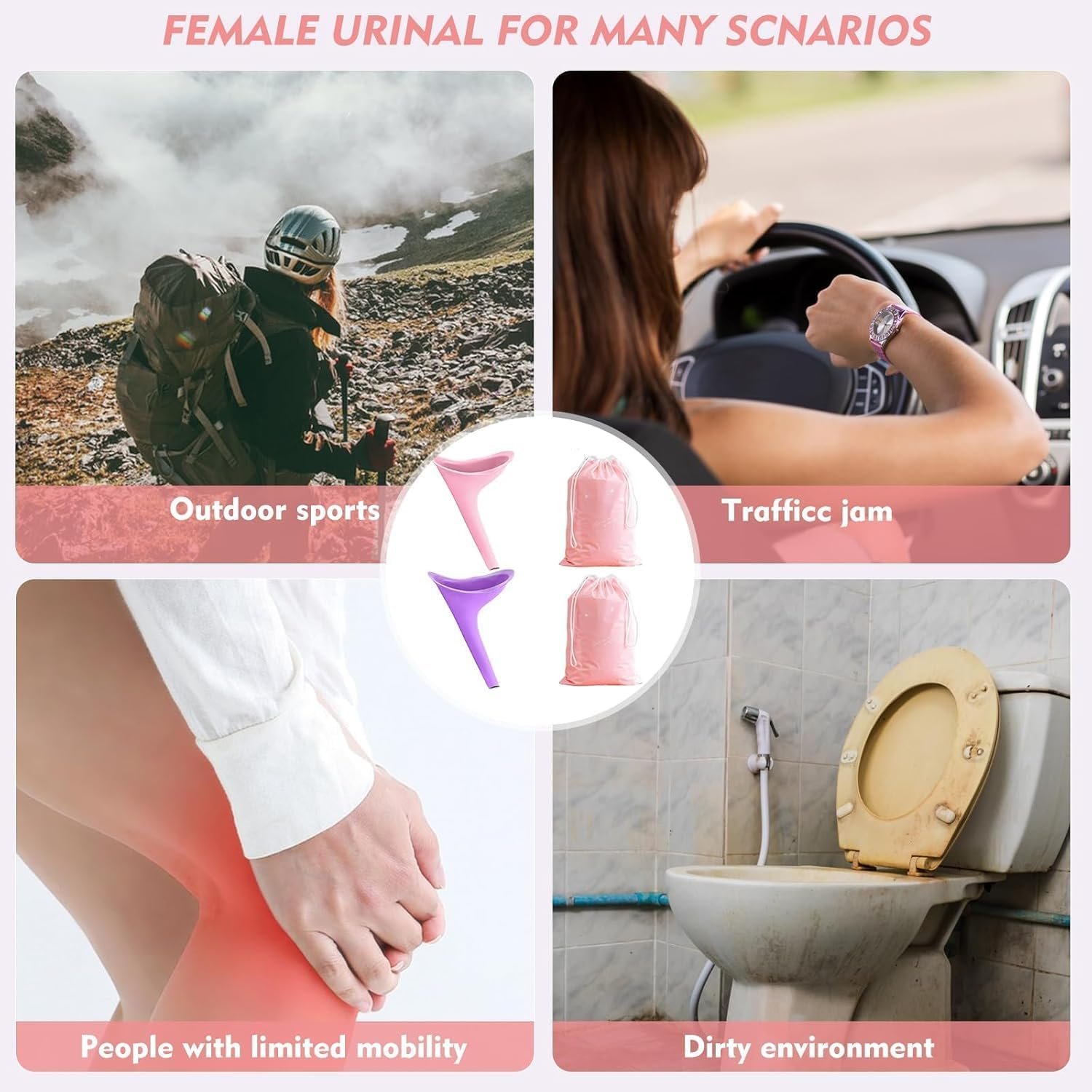Portable Female Urination Device, 2 Pack Reusable Silicone Standing Urinal with Waterproof Storage Bag for Travel, Camping, Outdoor Activities image number 5