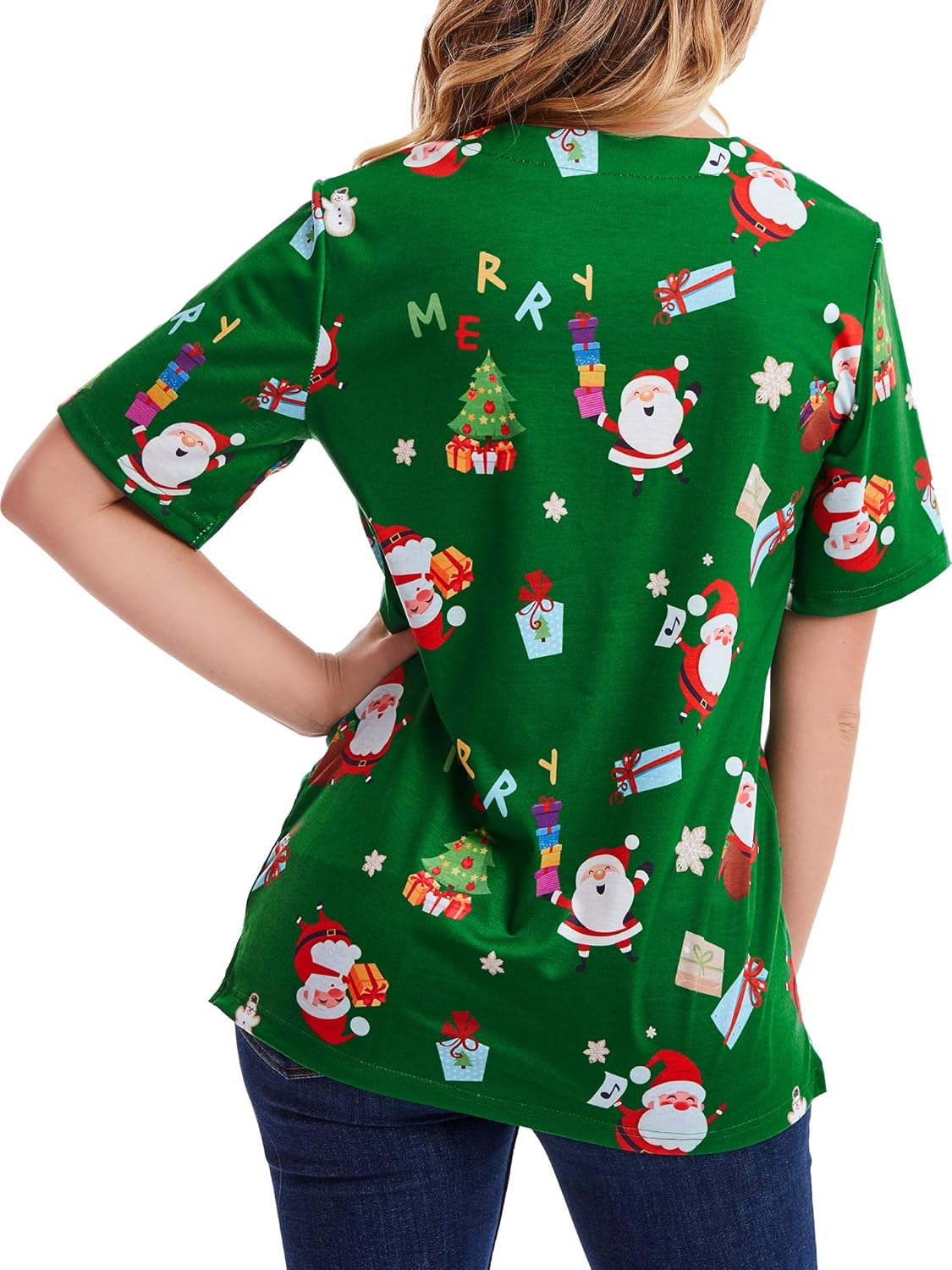 SATINIOR Women Mock Wrap Top Holiday Christmas Print Neck Shirt, Christmas Green